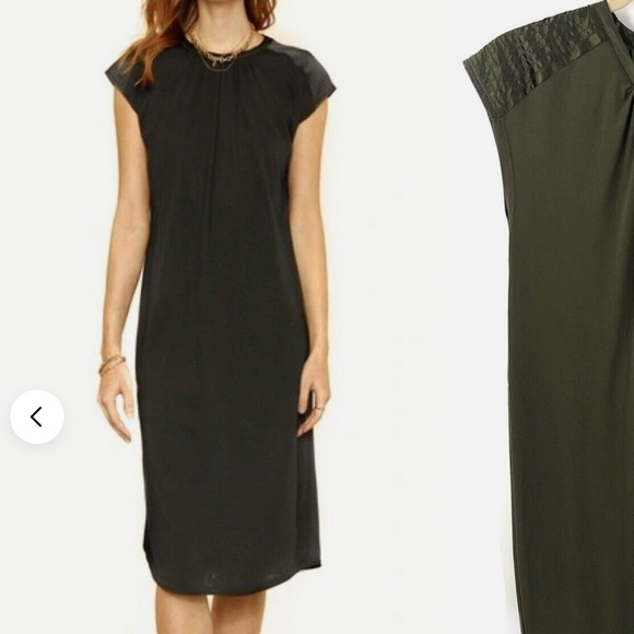 Heartloom Dark Olive Green Rubie Satin Shoulder Belted Midi Sheath Dress Size M